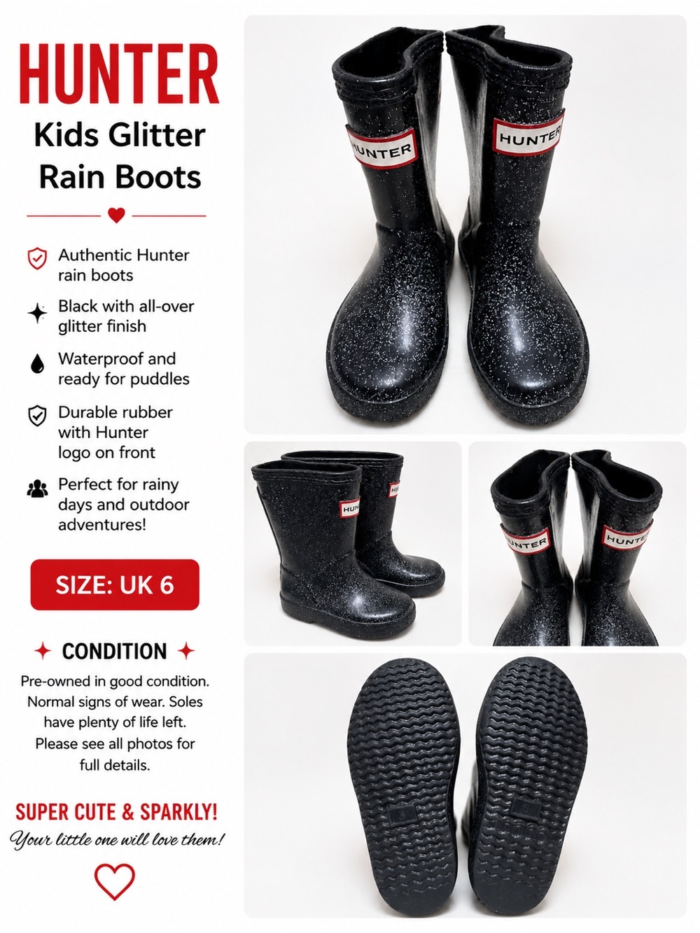 Hunter Kids Black Glitter Rain Boots - Sparkle Finish